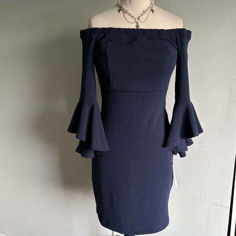Off-the-Shoulder Navy Blue Bell Sleeve Mini Dress Size 11/12 - Picture 2 of 16